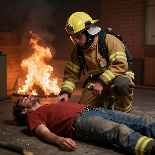 Firefighter Crouching Over Unconscious Man