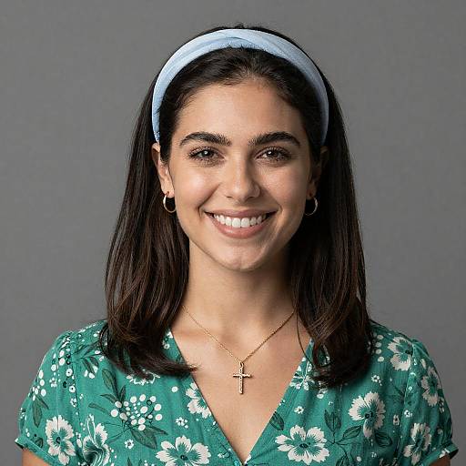 Smiling Woman in Green Floral Dress