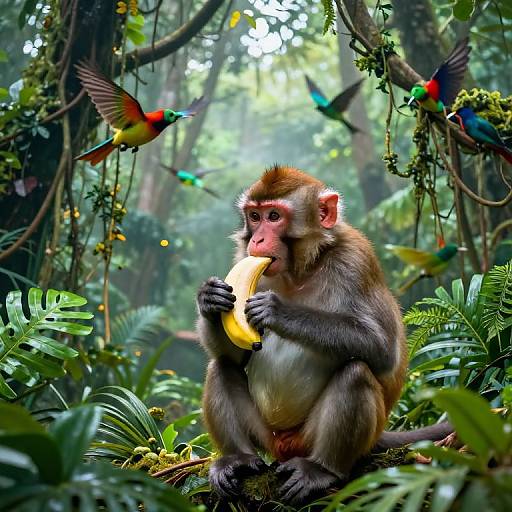 Photograph of a brown monkey with red face eating a banana in a lush, green jungle, surrounded by three colorful birds.