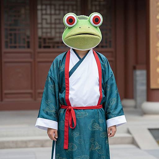 Photograph of a person wearing a green frog mask and a teal kimono with white and red accents, standing in front of traditional wooden doors.