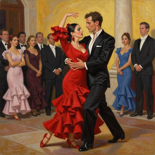 Photorealistic painting of a passionate couple dancing flamenco in a lavish ballroom, surrounded by elegantly dressed onlookers in various colors.