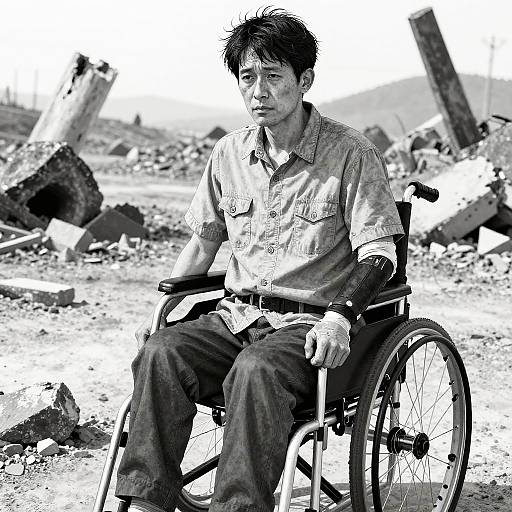 Solemn Disabled Veteran in War Crater