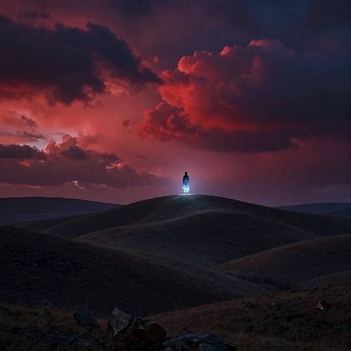 Photograph of a silhouetted figure standing on a hilltop at sunset, illuminated by a bright, glowing light against a dramatic sky filled with