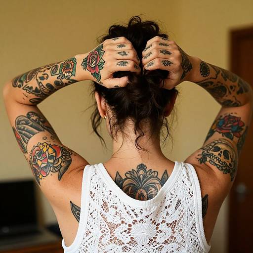 Photograph of a tattooed woman with dark hair in a bun, wearing a white lace tank top, arms raised, showcasing colorful arm and back tattoos