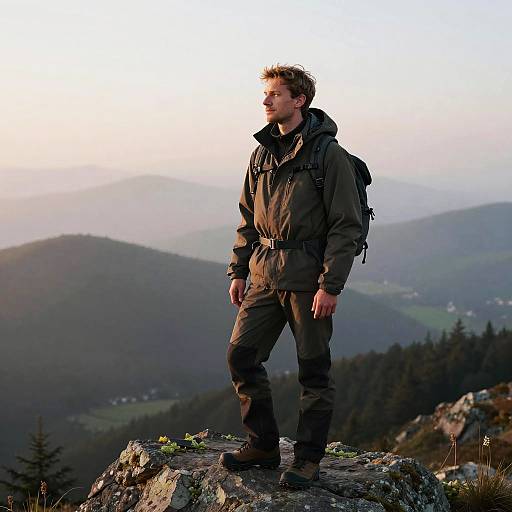 Photograph of a young man with short brown hair, wearing a dark green hiking jacket and pants, standing on a rocky mountain peak, gazing into
