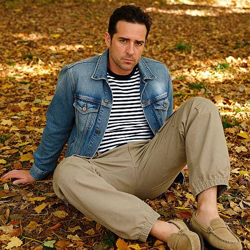 Photograph of a Caucasian man with short dark hair, wearing a denim jacket, striped shirt, beige pants, and brown shoes, sitting on autumn leaves