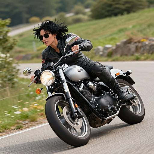 Photograph of a black-haired man in black leather jacket and pants, riding a silver motorcycle on a rural road, with blurred greenery in the background