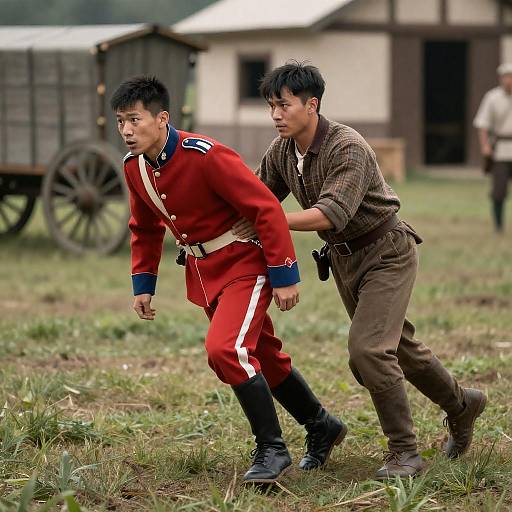 Redcoat Pushed in Field Reenactment