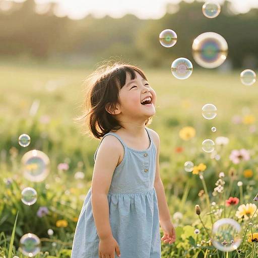 Photograph of a happy Asian toddler in a blue dress, laughing at colorful soap bubbles in a sunlit, blooming meadow.