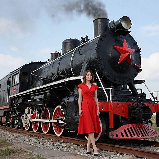 Photograph of a smiling woman in a vibrant red dress standing next to a vintage black steam locomotive with a large red star on its front, emitting