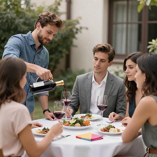 Group Enjoying Outdoor Dinner with Wine