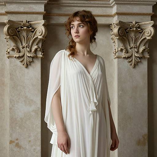 Photograph of a young woman with wavy brown hair, wearing a white, ancient Greek-style tunic, standing in front of ornate, carved