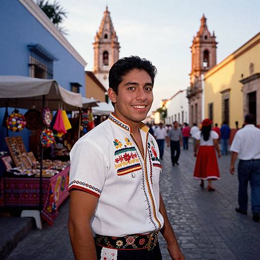 Photograph of a smiling young man with dark hair, wearing a white embroidered shirt and colorful sash, standing in a cobblestone street with colonial