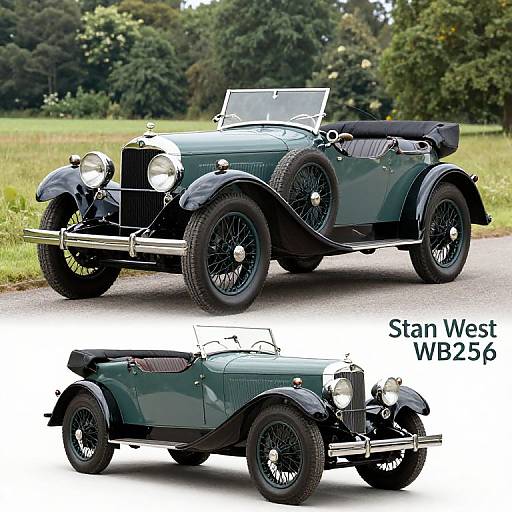 Photograph of a vintage, dark green, open-top Stan West WB26 classic car with black fenders and wire-spoked wheels, parked on a