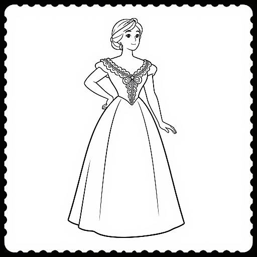 Black-and-white line drawing of a woman in a long, elegant gown with intricate lace sleeves and a headband, standing gracefully.