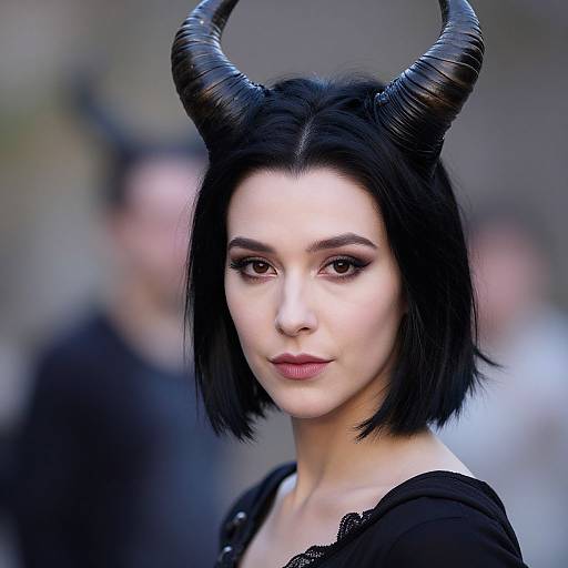 Photorealistic digital artwork of a pale-skinned woman with black horns, short black hair, dark eyeliner, and black top, gazing int
