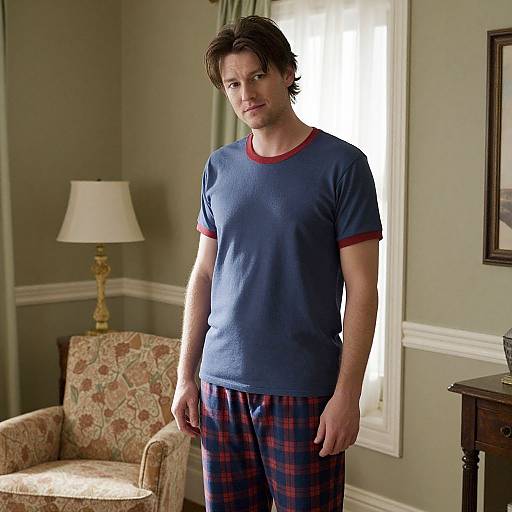 Photograph of a young, white man with brown hair in a blue t-shirt with red trim and red plaid pajama pants, standing in a