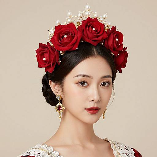 Photograph of an East Asian woman with fair skin, red rose flower crown, black braided hair, red lipstick, gold earrings, white lace dress