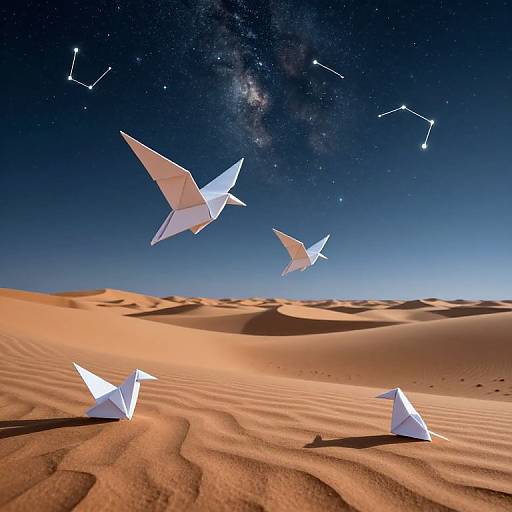 Photograph of white paper airplanes soaring over a desert under a starry night sky with visible constellations, casting shadows on the sandy dunes.