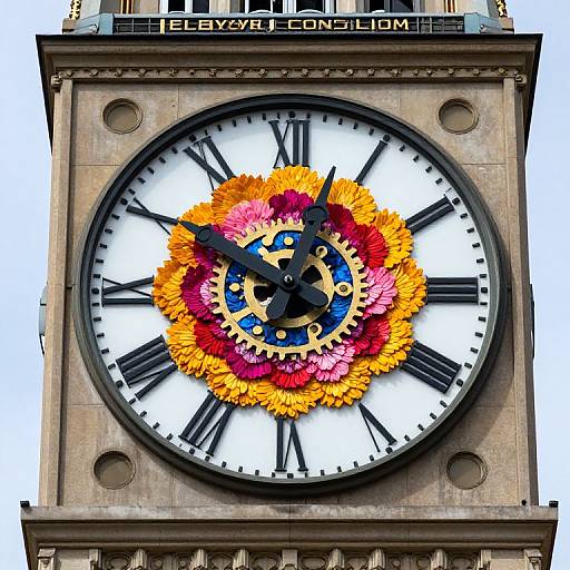 Photograph of a clock tower with a large, ornate clock face, featuring a colorful flower wreath at the center and black Roman numerals.