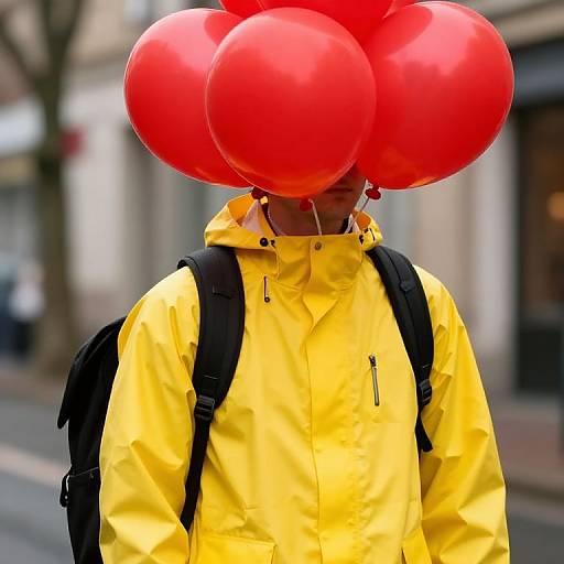 Male in Yellow Raincoat with Balloons