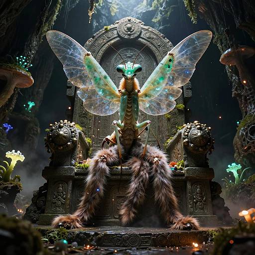 Regal Mantis Queen in Bioluminescent Cave