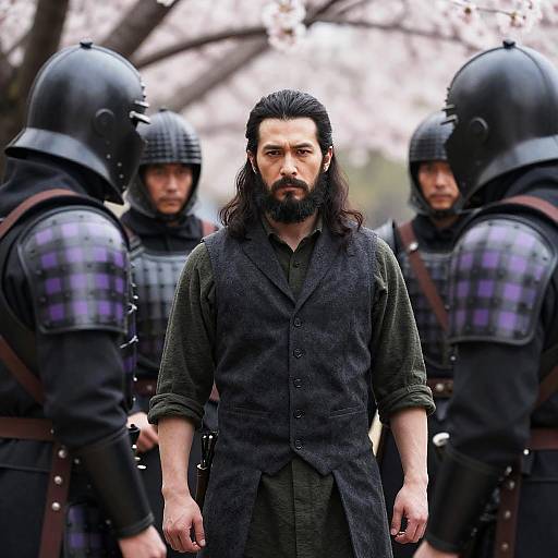 Serious Bearded Man Among Armored Warriors