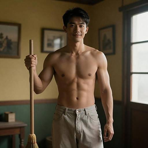 Muscular Asian Man with Broom in Sunlit Room