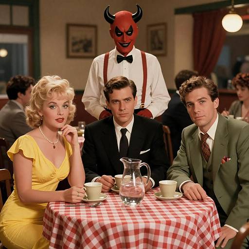Vintage Restaurant Scene with Devilish Waiter