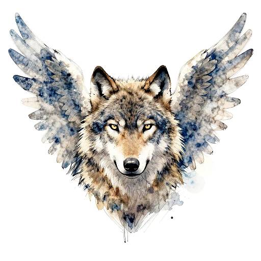 Watercolor-style digital drawing of a wolf with intense yellow eyes, detailed fur, and blue-gray feather-like wings on a white background.