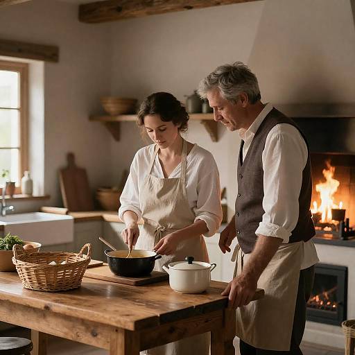 Charming Rustic Kitchen Cooking Together