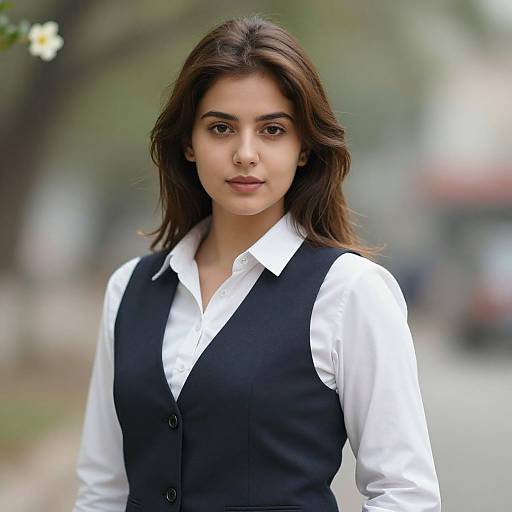 Photograph of a young South Asian woman with medium skin tone, brown wavy hair, wearing a white shirt and black vest, standing outdoors with a