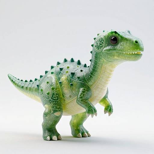 Photorealistic, detailed, green plastic toy dinosaur with black spikes, large black eyes, textured skin, and white underbelly, standing on white