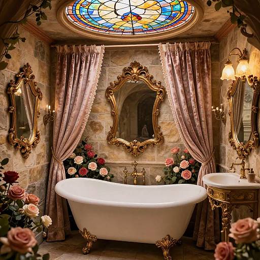 Luxurious Victorian-style bathroom with a white freestanding clawfoot tub, gold fixtures, rose-adorned stone walls, ornate mirrors, stained
