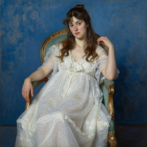 Photograph of a young woman with long brown hair, wearing a white, lace-trimmed, Victorian-style dress, seated on an ornate green