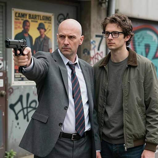 Two men in urban setting, man aiming gun