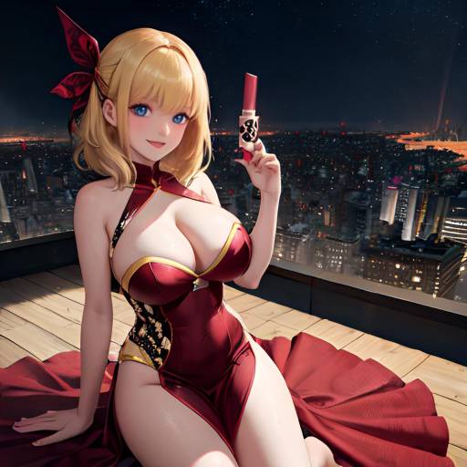 Anime Girl in Red Dress at Night Cityscape