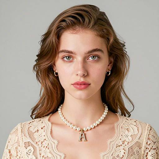 Young Woman Wearing Pearl Necklace with Initial Pendant