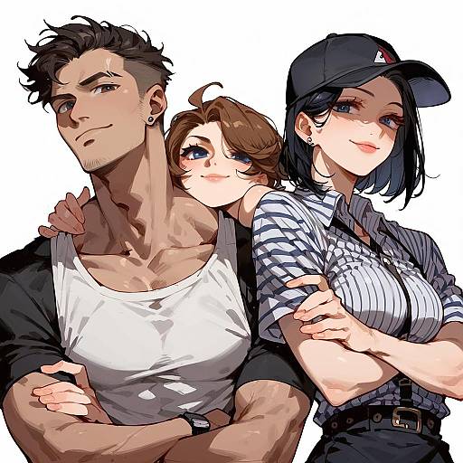 Digital anime-style illustration of three characters: muscular man in white tank top, shy brown-haired woman, and confident black-haired woman in cap.