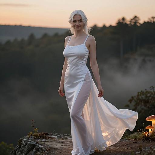 Photograph of a smiling blonde woman in a flowing white dress, standing on a misty mountain ledge at sunset.
