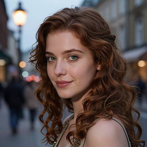 Photograph of a fair-skinned, green-eyed woman with wavy brown hair, smiling slightly, wearing a sleeveless top, in a blurred city