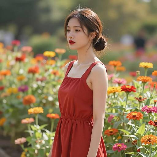 Young Woman in Red Dress in Flower Garden