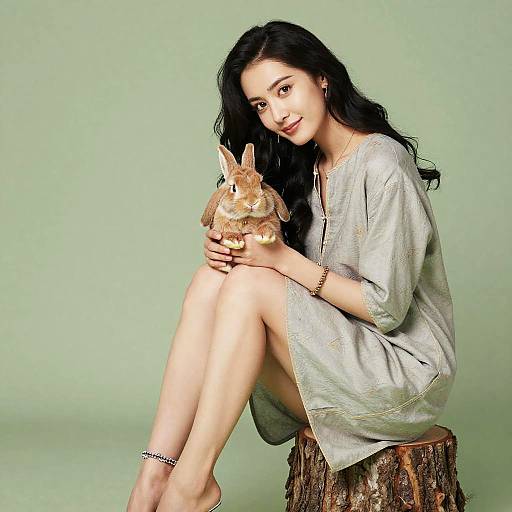 Photograph of a young woman with long black hair, pale skin, wearing a silver-gray dress, sitting on a tree stump, holding a plush bunny