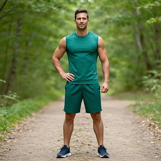 Photograph of a muscular, bearded man in a green sleeveless shirt and shorts, standing confidently on a forest path, with lush green trees in