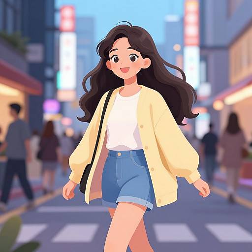 Anime-style digital illustration of a smiling young woman with long black hair, wearing a yellow jacket, white shirt, and blue shorts, walking on a brightly