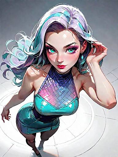 Futuristic Woman in Shimmering Silver Mini Dress