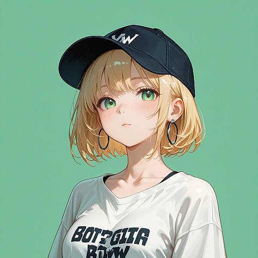 Blonde Girl with Baseball Cap and Hoop Earrings