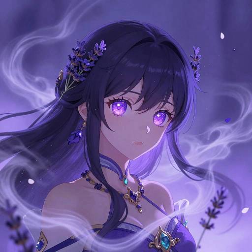 Digital anime art of a beautiful, purple-eyed, dark-haired woman with floral hair accessories, wearing a black and blue choker and necklace, surrounded by