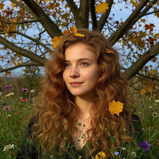 Photograph of a young woman with curly brown hair, adorned with scattered autumn leaves, standing in a vibrant, wildflower-filled meadow under a large
