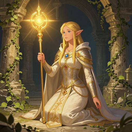 Digital fantasy artwork of a blonde, elven woman in white and gold armor, kneeling and holding a glowing staff, in a dark, vine-covered ancient